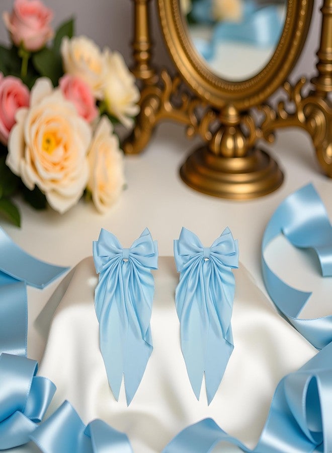 GANPUB 2Pcs Bowknot Barrette, Jumbo Silky Satin Bow Hair Clip with Long Tails for Women and Girls, Large French Metal Hair Slide Clips and Hair Accessories (Light Blue) - Image 3